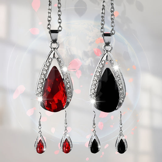 Batang Kalye Black Red Teardrop Glass Pendant Necklace And Earrings