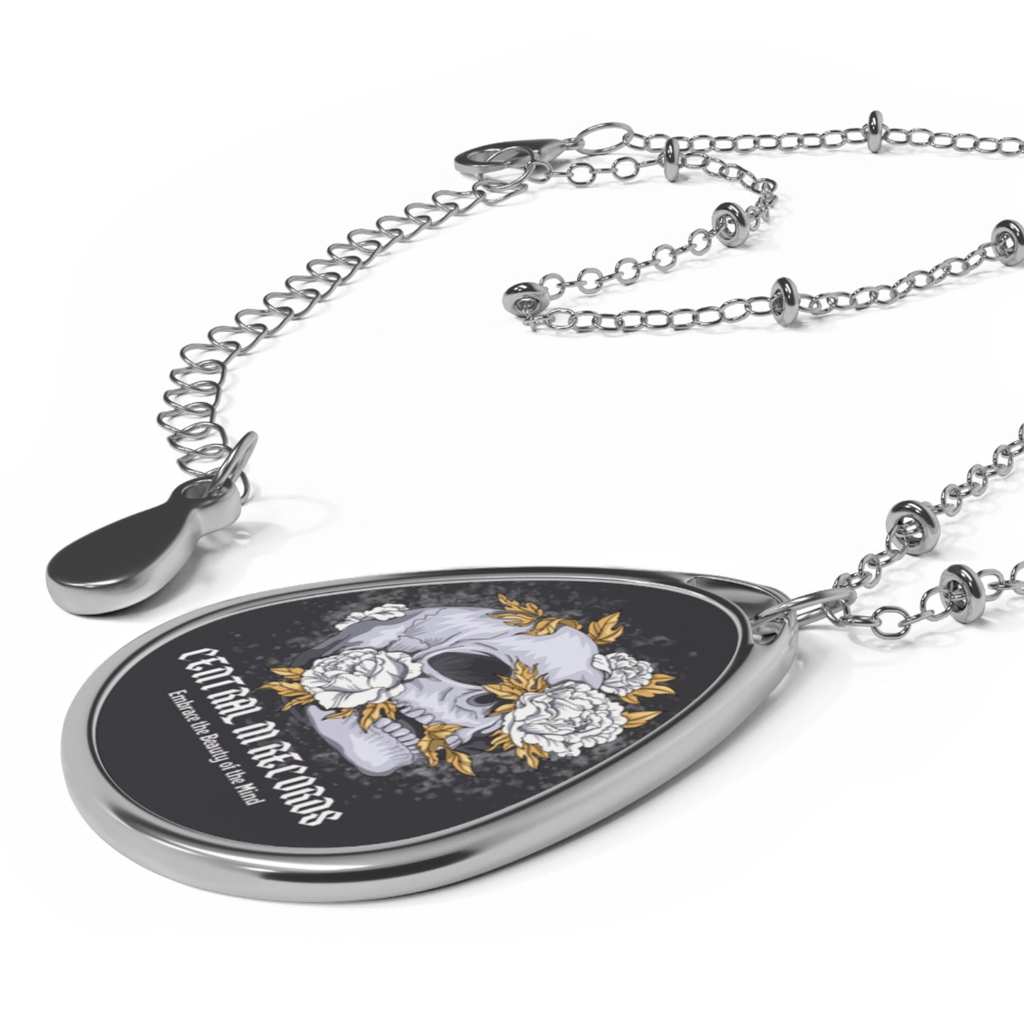 Central M Records Gothic Oval Necklace with Skull Design, Edgy Jewelry, Perfect for Halloween, Gift for Music Lovers, Alternative Fashion Statement