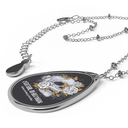 Central M Records Gothic Oval Necklace with Skull Design, Edgy Jewelry, Perfect for Halloween, Gift for Music Lovers, Alternative Fashion Statement