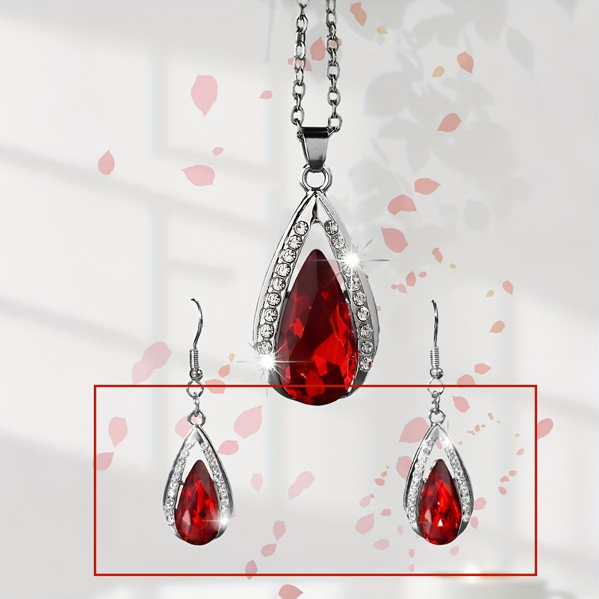 Batang Kalye Black Red Teardrop Glass Pendant Necklace And Earrings